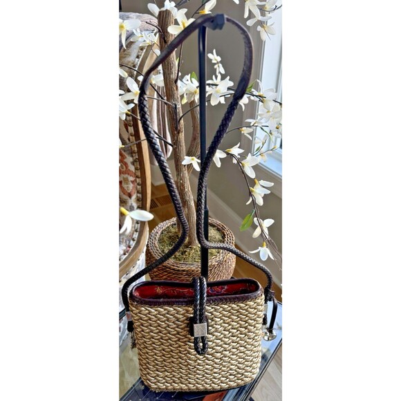 Brighton Handbags - BRIGHTON Woven Rope Basket Weave Leather Trim Silver Heart & Charms Purse